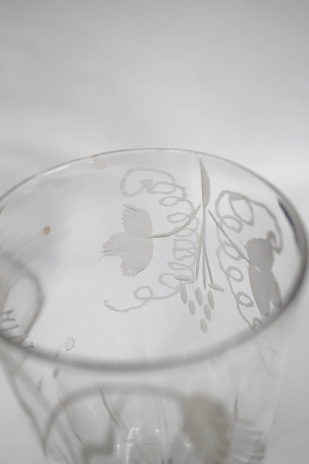 A diamond point engraved commemorative goblet, with the design of the Royal coat of arms, Prince of Wales feathers, horses, riders and a poem, inscribed ‘D.Coghill 1881’ together with a wheel engraved graved rummer, insc